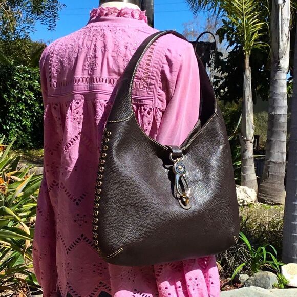 DOONEY AND BOURKE BROWN LEATHER WOVEN DETAILS GOLD HARDWARE - Picture 5 of 16